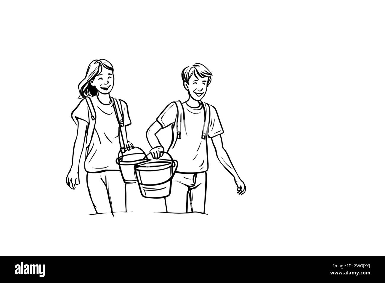 Minimalist icons, cartoon drawings Jack and Jill, black and white, isolated on white. Young