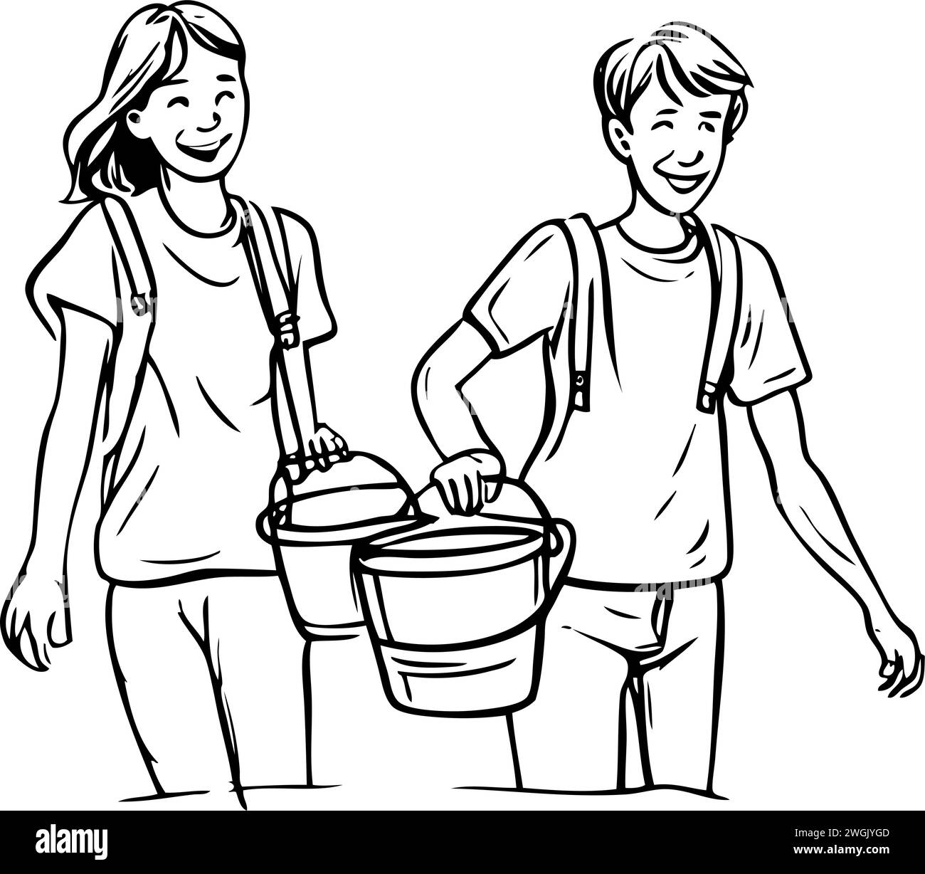 Minimalist icons, cartoon drawings Jack and Jill, black and white, isolated on white. Young