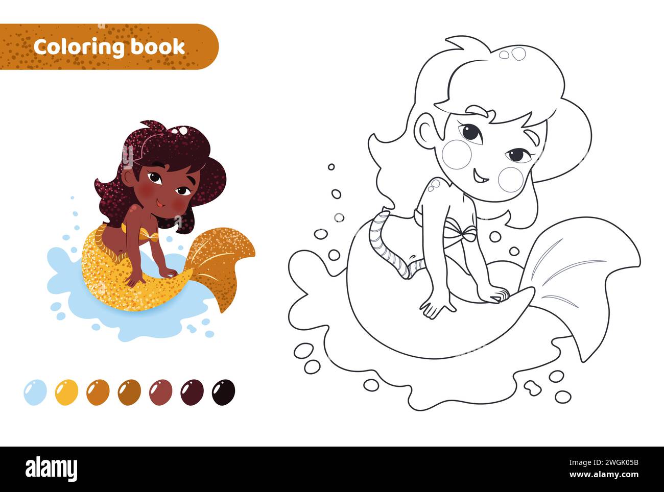 Coloring book for kids. Cute mermaid with tail. Stock Vector