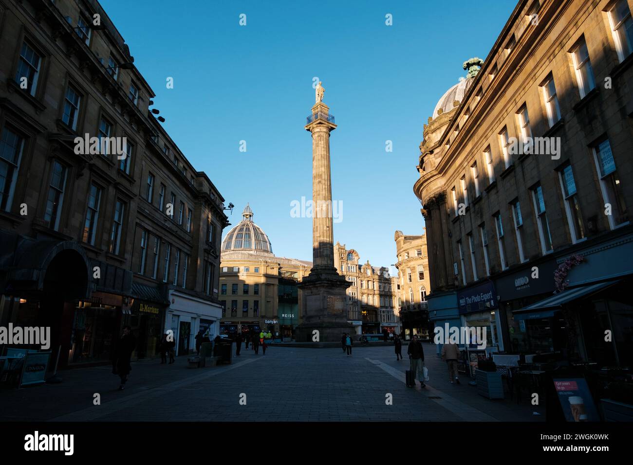 Newcastle upon Tyne: 15th Jan 2024: Greys Monument in warm light, Grainger Town, Newcastle City Centre Stock Photo