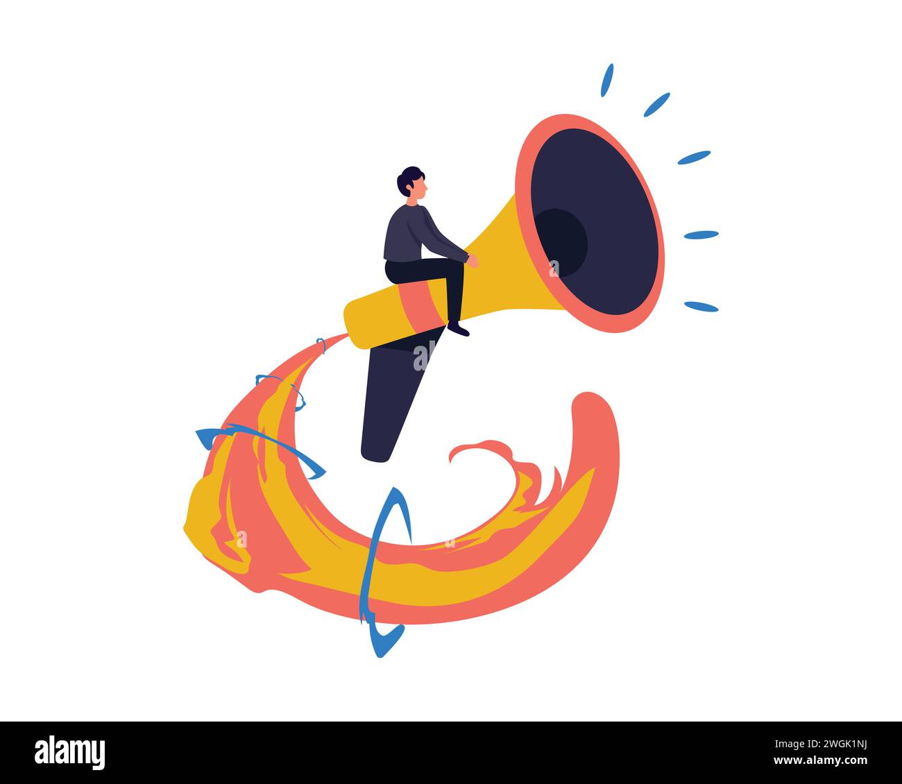 The concept of public relations, refer a friend, share information. illustration of a man riding on a megaphone and using  it to make an announcement. Stock Vector