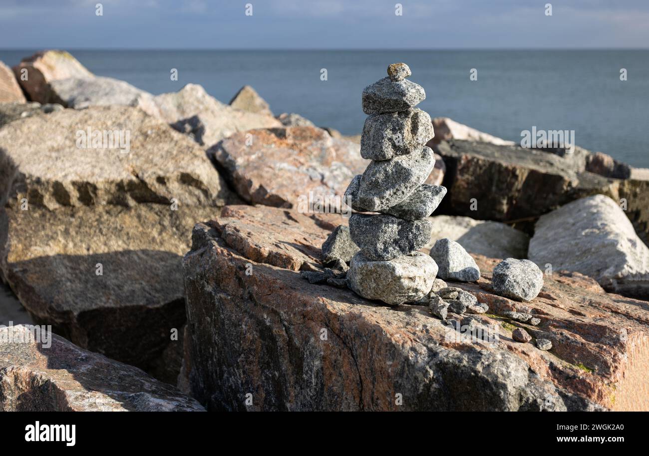 Balance and harmony, Japanese Zen stone garden background. Dark black