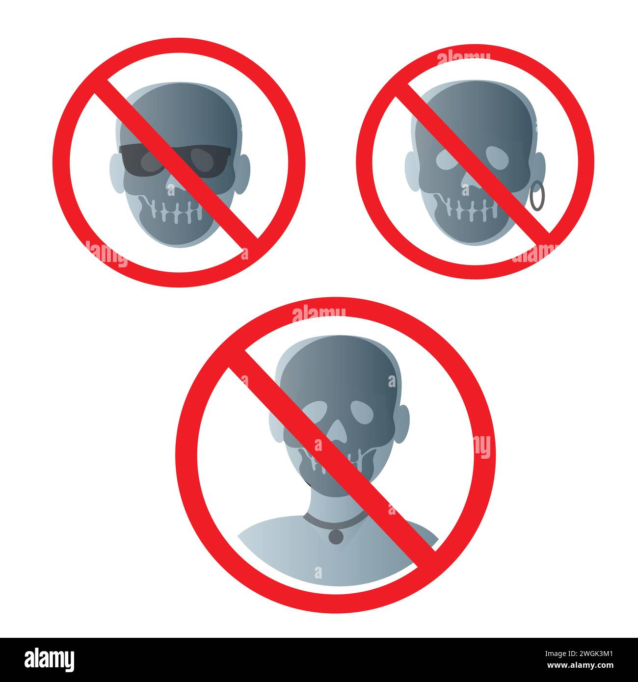 X-ray images of a human head with sunglasses, earring and necklace and the prohibition symbol Stock Vector