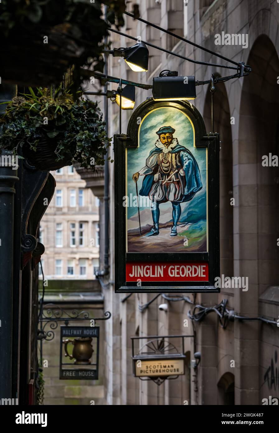 Old pub signs of Jinglin' Geordie & Halfway House, Fleshmarket Close, Edinburgh, Scotland, UK Stock Photo