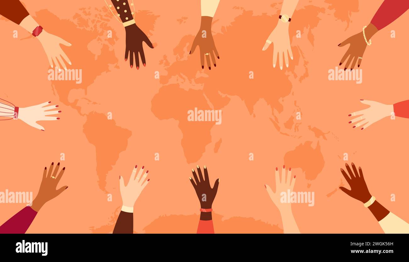 Outstretched hands of women of different nationalities on the background of a world map, copy space. Vector illustration in flat style Stock Vector