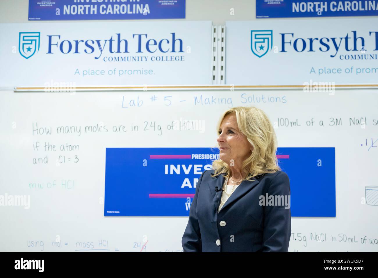 First Lady Jill Biden receives a briefing on biotechnology workforce investments at Forsyth Technical Community College, Friday January 26, 2024, in Winston-Salem, North Carolina. (Official White House Photo by Erin Scott) Stock Photo