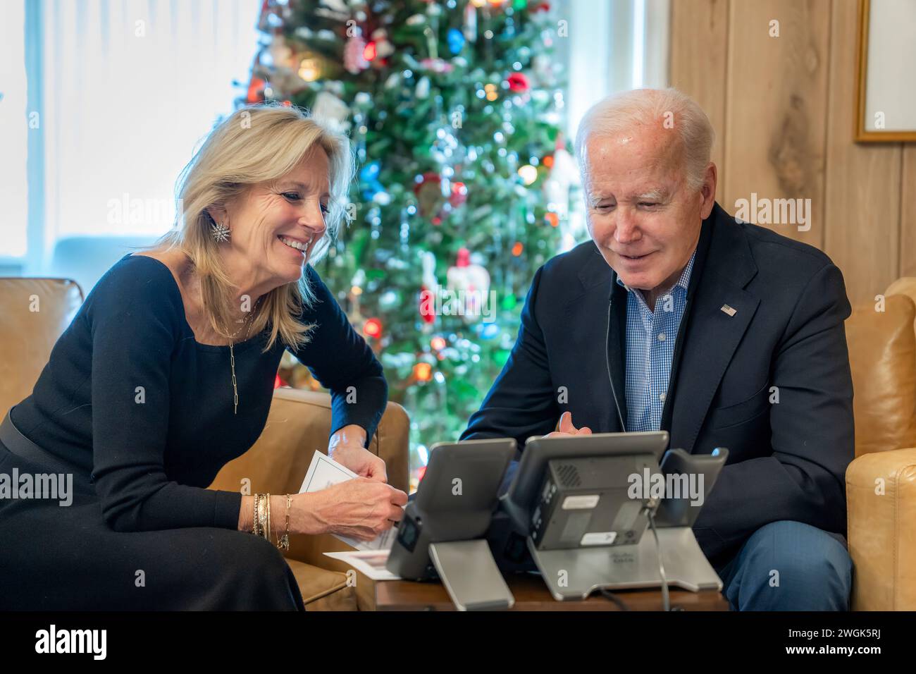 President Joe Biden and First Lady Jill Biden call members of each military branch from Camp David, Maryland on Monday, December 25, 2023, to wish them happy holidays. (Official White House Photo by Adam Schultz) Stock Photo