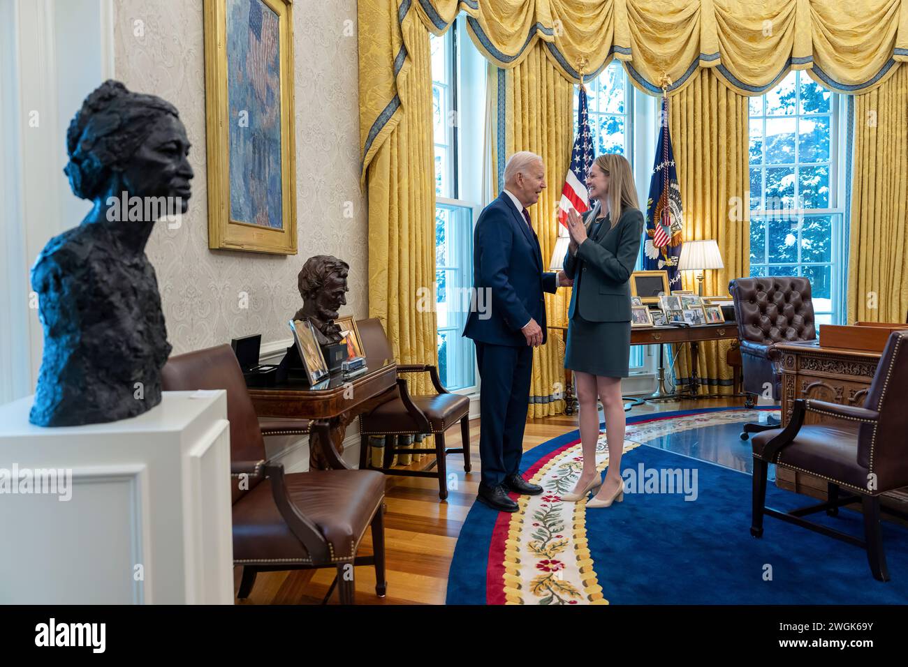 President Joe Biden meets with Scranton, Pennsylvania Mayor Paige Cognetti, Friday, January 19, 2024, in the Oval Office. (Official White House Photo by Adam Schultz) Stock Photo