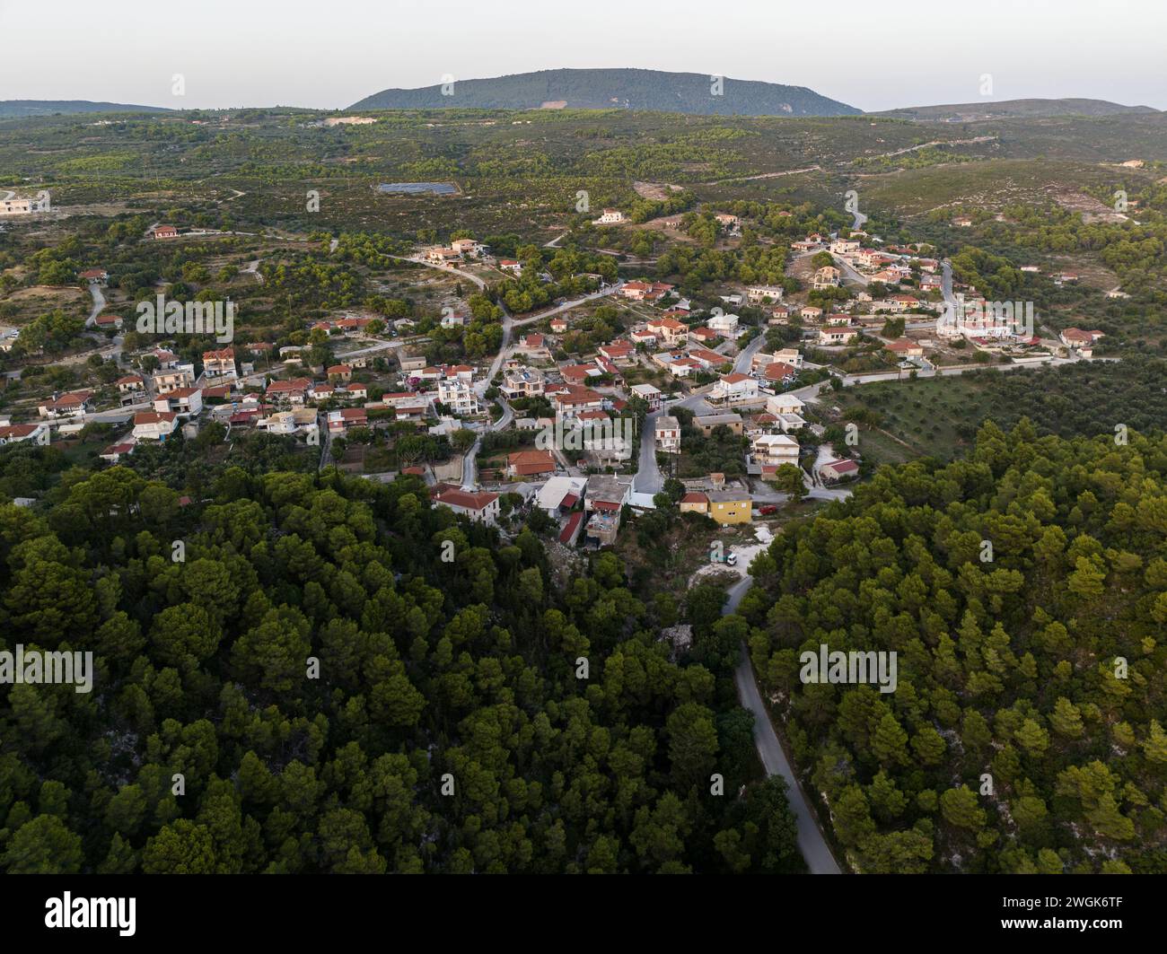 Agalas village near the southwest coast of Zakynthos, spread over hills facing the Ionian Sea. Pine trees, olive groves and sea view on a greek island Stock Photo