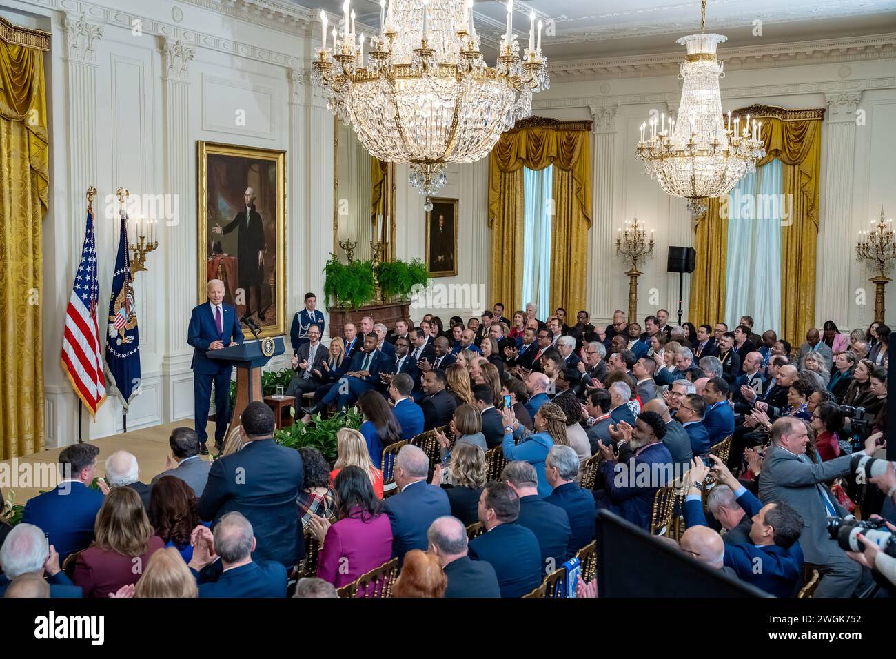 President Joe Biden delivers remarks at an event with bipartisan mayors attending the U.S. Conference of Mayors Winter Meeting, Friday, January 19, 2024, at the White House. (Official White House Photo by Carlos Fyfe) Stock Photo
