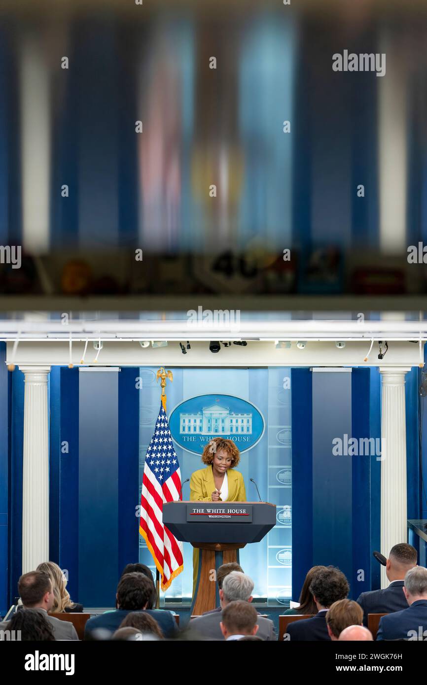 Press Secretary Karine Jean-Pierre, joined by NSC Coordinator for Strategic Communications John Kirby, holds a daily briefing, Wednesday, January 3, 2024, in the James S. Brady Press Briefing Room of the White House.(Official White House Photo by Oliver Contreras) Stock Photo