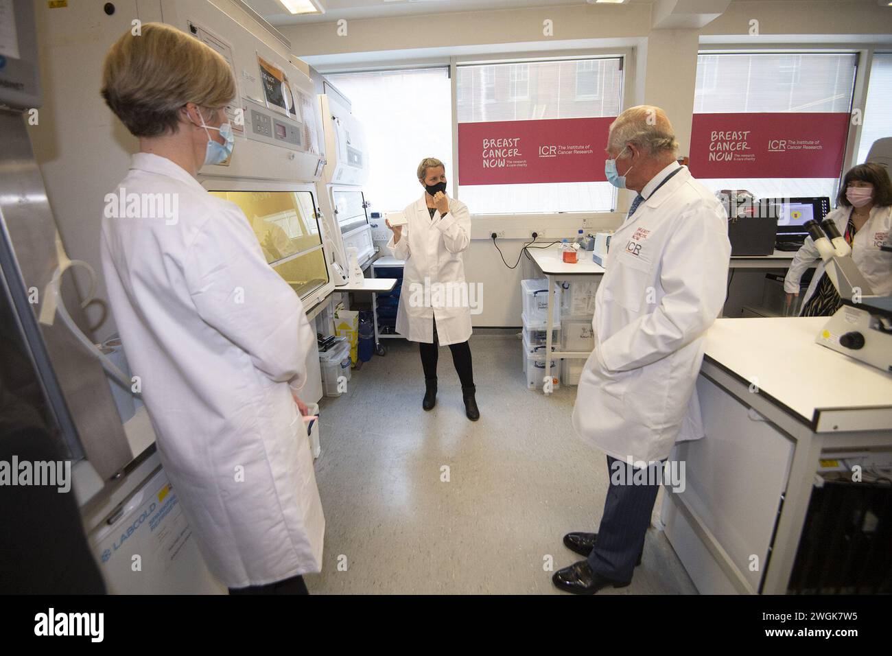 File photo dated 13/05/21 of the then Prince of Wales (now King Charles III), meeting Dr Rachel Brough (centre) Senior Scientific Officer, during a visit to the the Breast Cancer Now Toby Robins Research Centre in London, 21 years after he formally opened the research centre. The King has been diagnosed with a form of cancer and has begun a schedule of regular treatments, and while he has postponed public duties he “remains wholly positive about his treatment”, Buckingham Palace said. Issue date: Monday February 5, 2024. Stock Photo