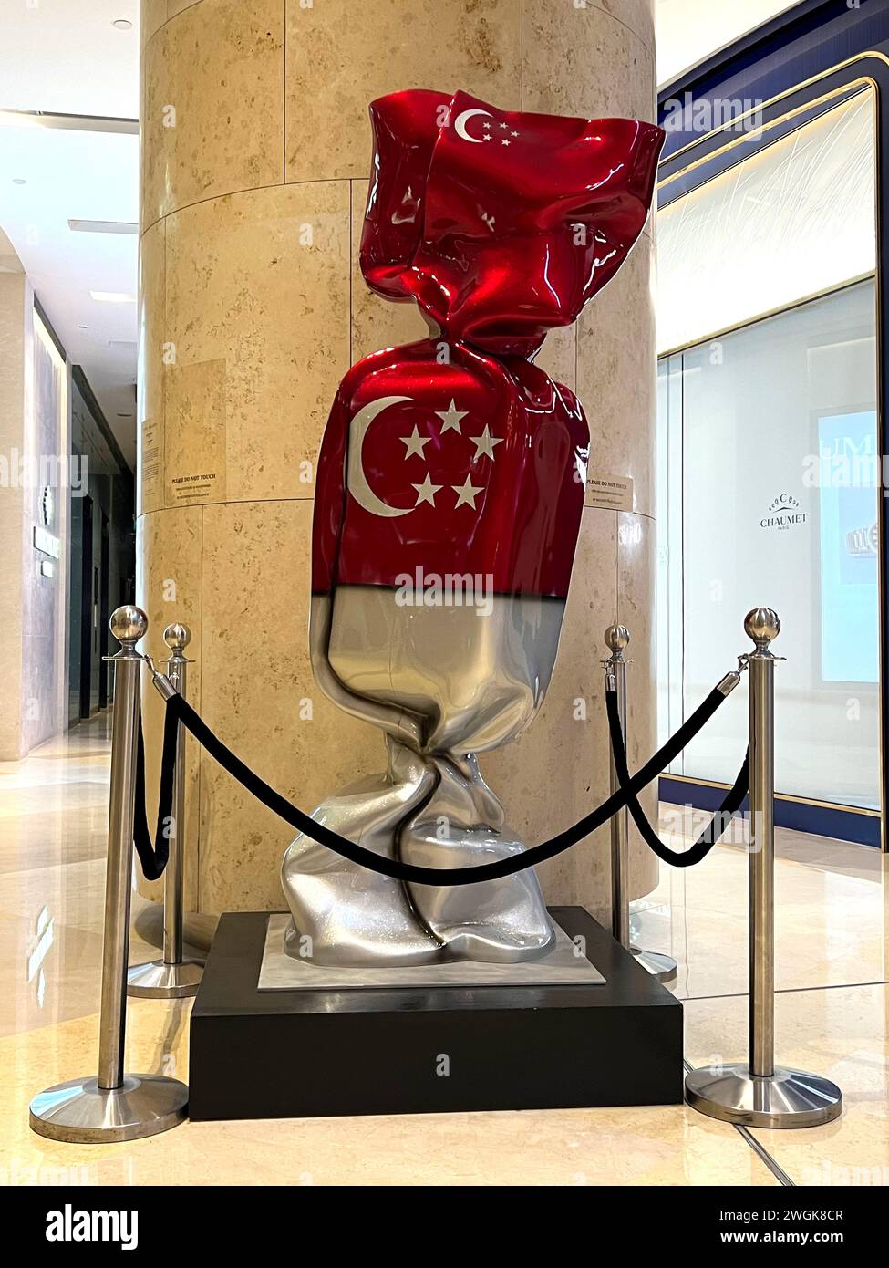 Singapore, Jan 26, 2024. A candy statue in colours of Singaporean flag ...