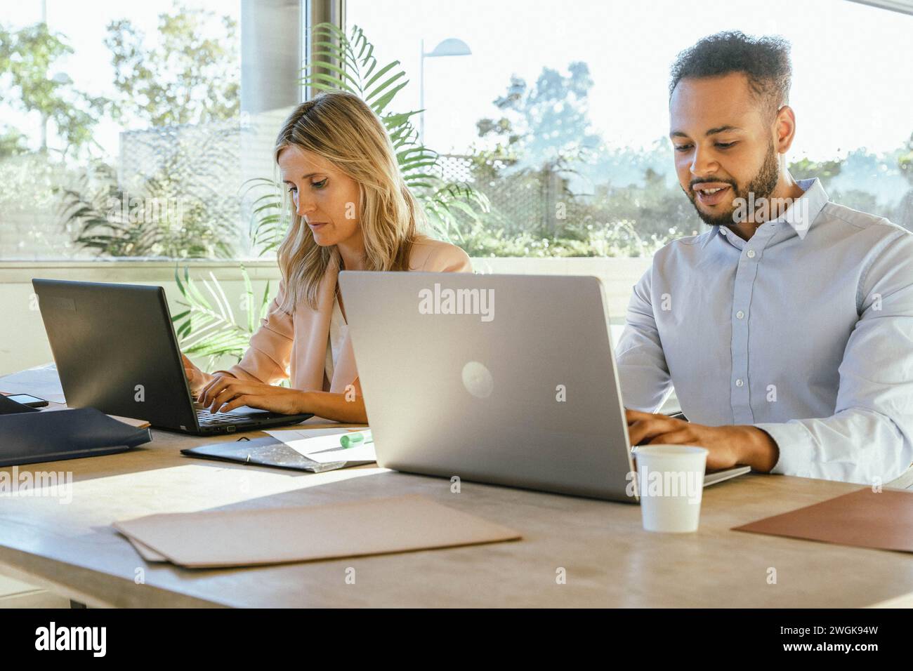 Two coworkers using their laptops while working at the office. Business concept. Stock Photo