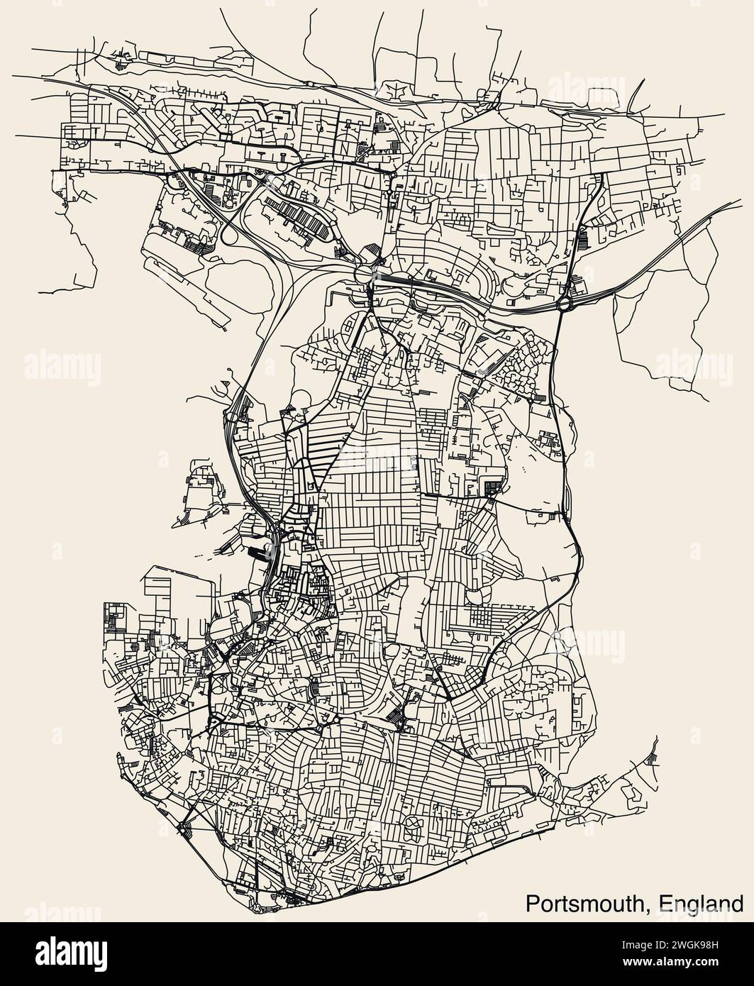 Street roads map of the UK city of PORTSMOUTH, ENGLAND Stock Vector