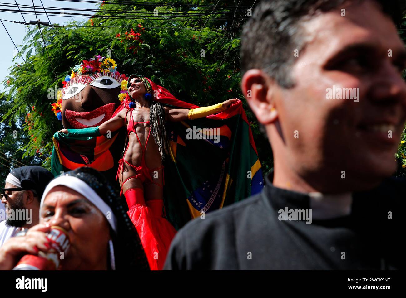 Street carnival parade in Rio de Janeiro. Revelers perform at the Bloco das Carmelitas carnival parade in the streets of the Santa Teresa neighborhood Stock Photo