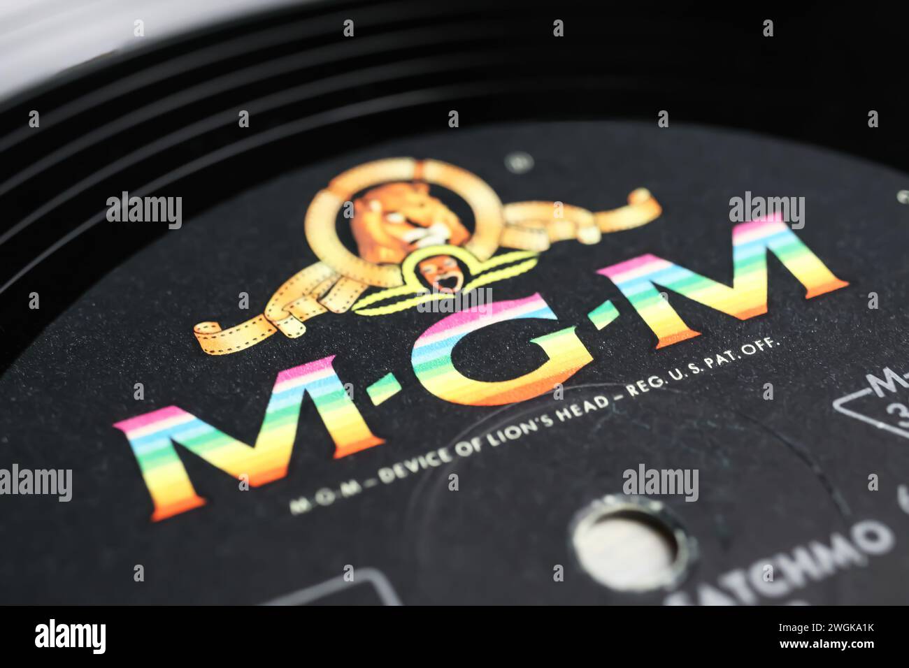 Viersen, Germany - January 9. 2024: Closeup of vinyl record label with logo lettering of MGM records from 60s Stock Photo
