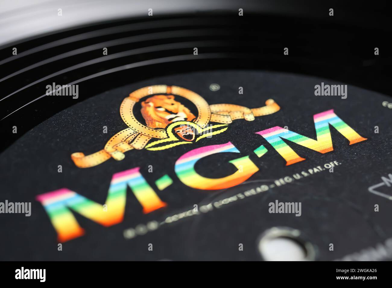 Viersen, Germany - January 9. 2024: Closeup of vinyl record label with logo lettering of MGM records from 60s Stock Photo