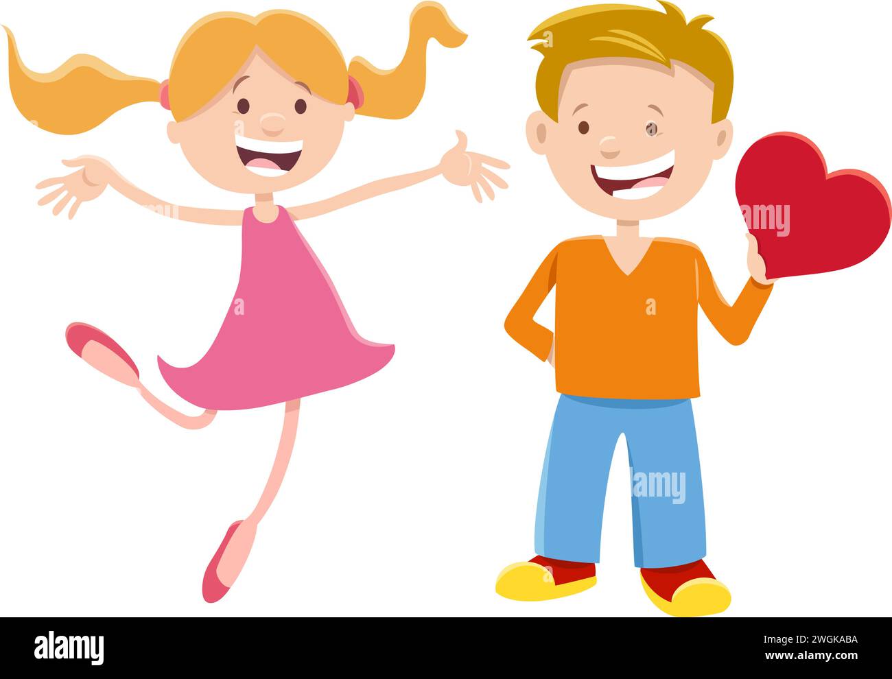 Cartoon illustration with girl and boy characters with Valentines Day ...