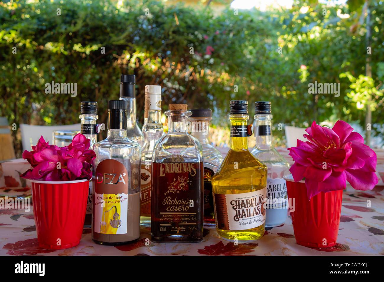 Hora de  una copa de licor después de una comida de celebración, en una casa de campo. Varias botellas de diferentes licores y algunas flores. Stock Photo