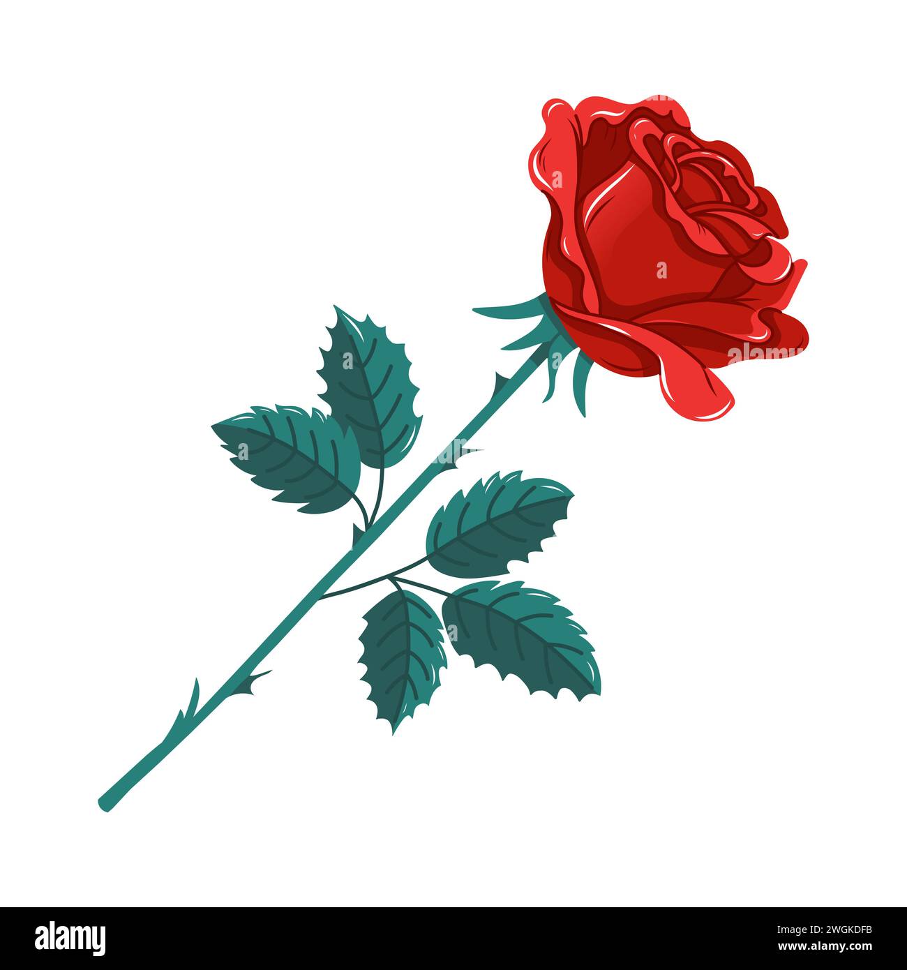 Hand drawn vector illustration of a rose bud. Red rose flower with stem ...