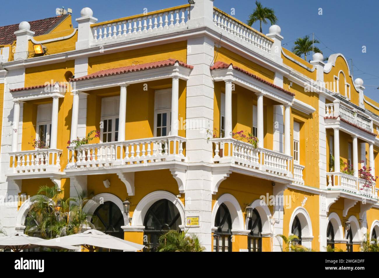 Cartagena, Colombia - 24 January 2024: Traditional design of building with balconies in the historic old town of Cartagena. Stock Photo