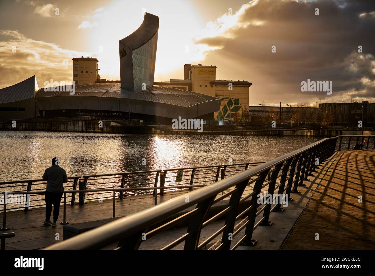Mediacity area of Salford Quays Imperial War Museum North in Trafford in the regenerated docks Manchester Ship Canal. Stock Photo