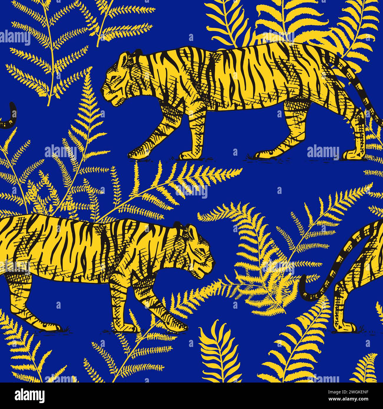 Japanese tigers with tropical leaves. Toile de jouy jungle. Wild animal with green plants. Banner or poster for advertising or web. Stock Vector