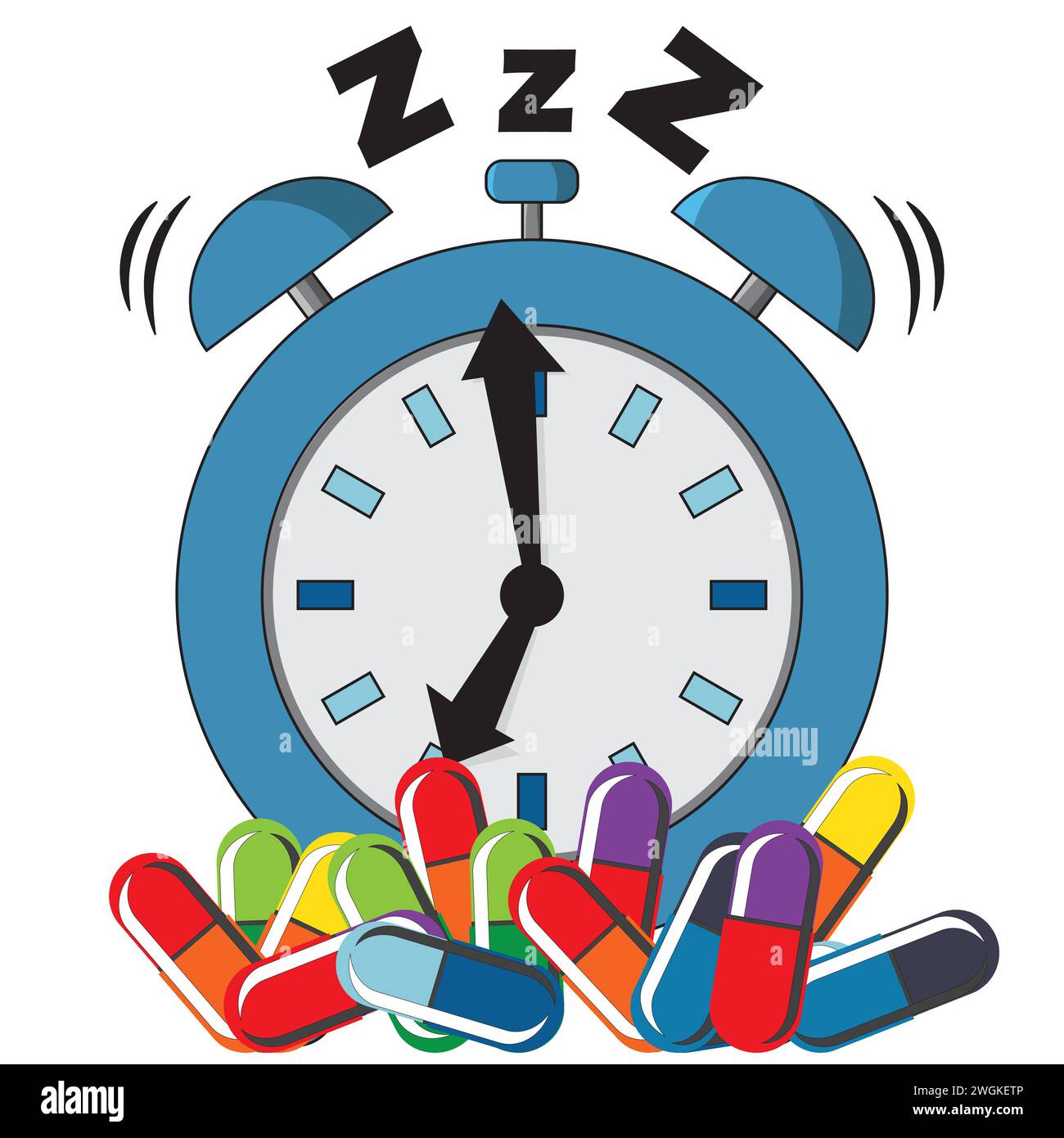 Sleeping Pills with Alarm Clock, Help Sleeping or insomnia concept Stock Vector