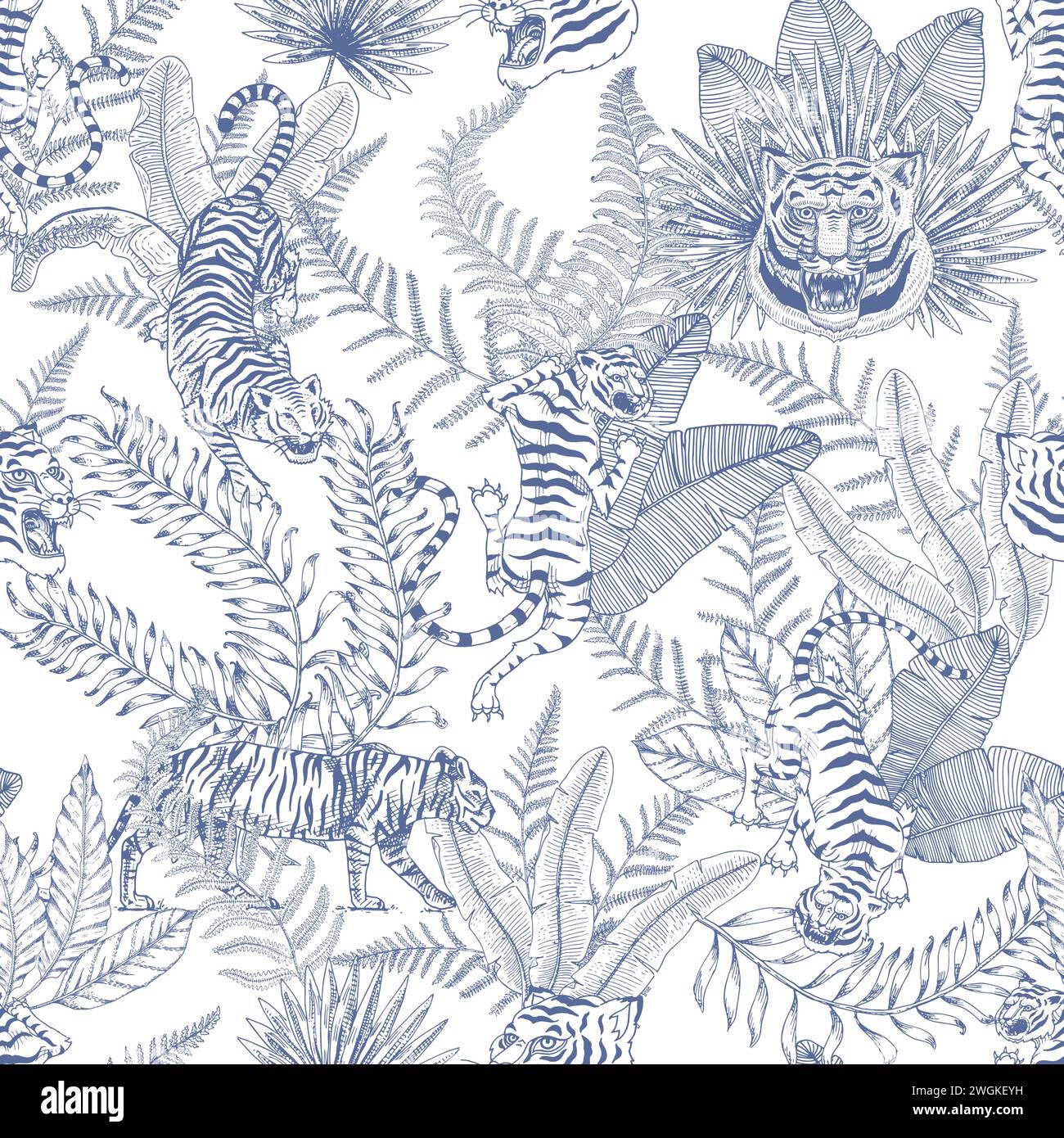 Japanese tigers with tropical leaves. Toile de jouy jungle. Wild animal with green plants. Banner or poster for advertising or web. Stock Vector