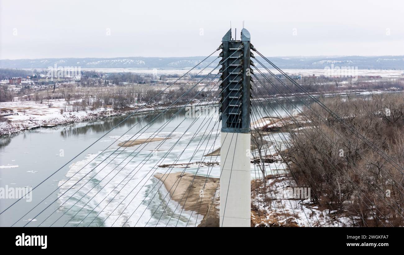 Aerial photograph of the the Bob Kerrey Bridge that spans the Missouri