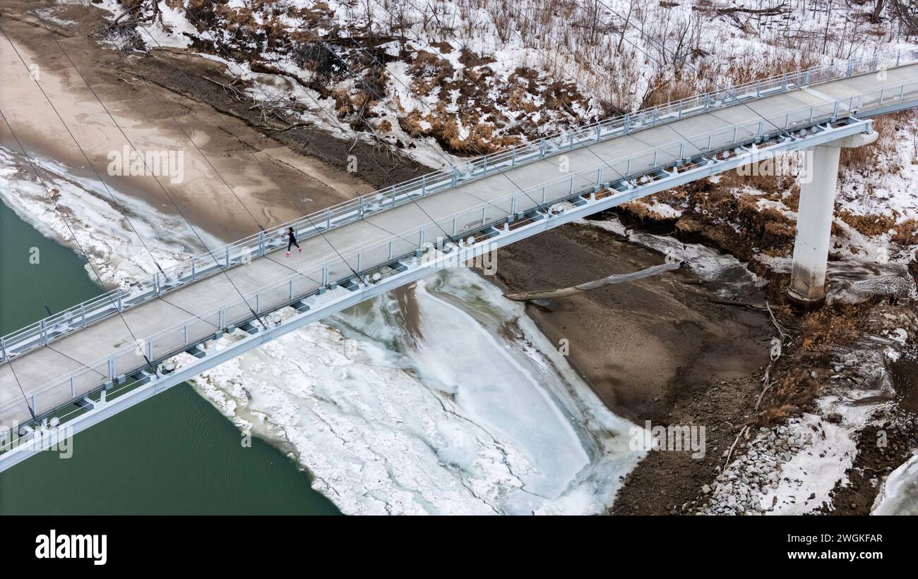 Aerial photograph of the the Bob Kerrey Bridge that spans the Missouri