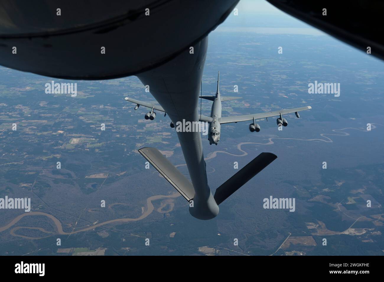 , United States. 30 January, 2024. A U.S. Air Force B-52 Stratofortress strategic bomber aircraft from the 11th Bomb Squadron, approaches a KC-135 Stratotanker aircraft for refueling, January 30, 2024 over the Southern United States. Credit: SrA Jessica Do/US Air Force/Alamy Live News Stock Photo