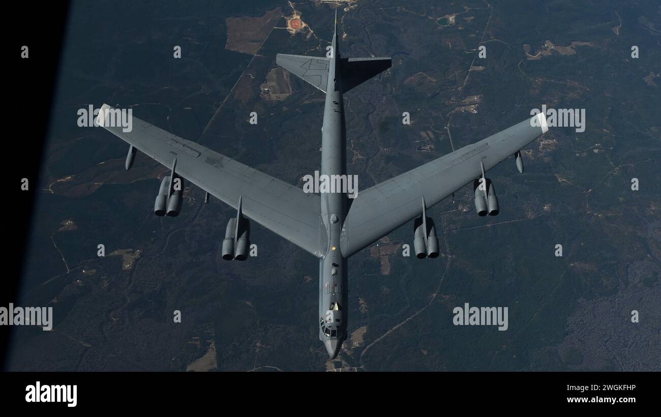 , United States. 30 January, 2024. A U.S. Air Force B-52 Stratofortress strategic bomber aircraft from the 11th Bomb Squadron, disconnects from a KC-135 Stratotanker aircraft after refueling, January 30, 2024 over the Southern United States. Credit: SrA Jessica Do/US Air Force/Alamy Live News Stock Photo