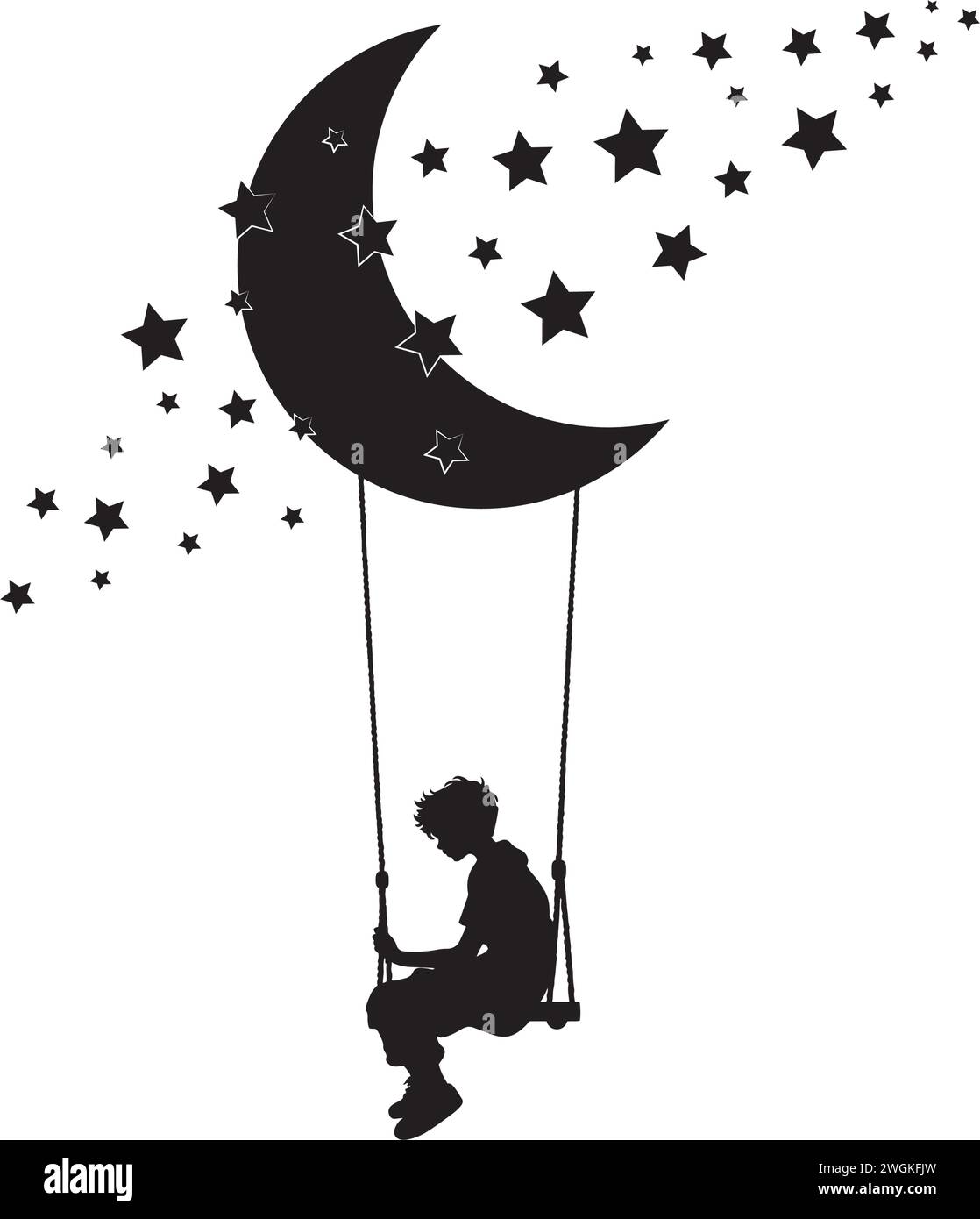 Boy on a swing on moon with stars, vector illustration. Boy silhouette on a swing on moon silhouettes. Wall decals isolated on white background, black Stock Vector