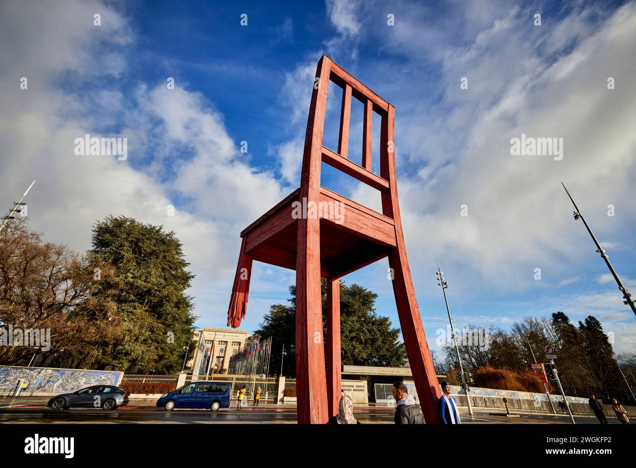 Geneva city in Switzerland Broken Chair monumental sculpture wood designed Daniel Berset, and constructed by carpenter Louis Genève Stock Photo