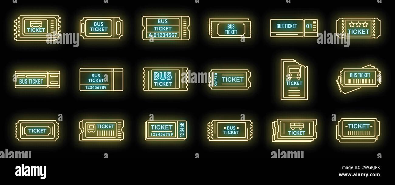 Bus ticketing card icons set. Outline set of bus ticketing card vector icons neon color on black Stock Vector