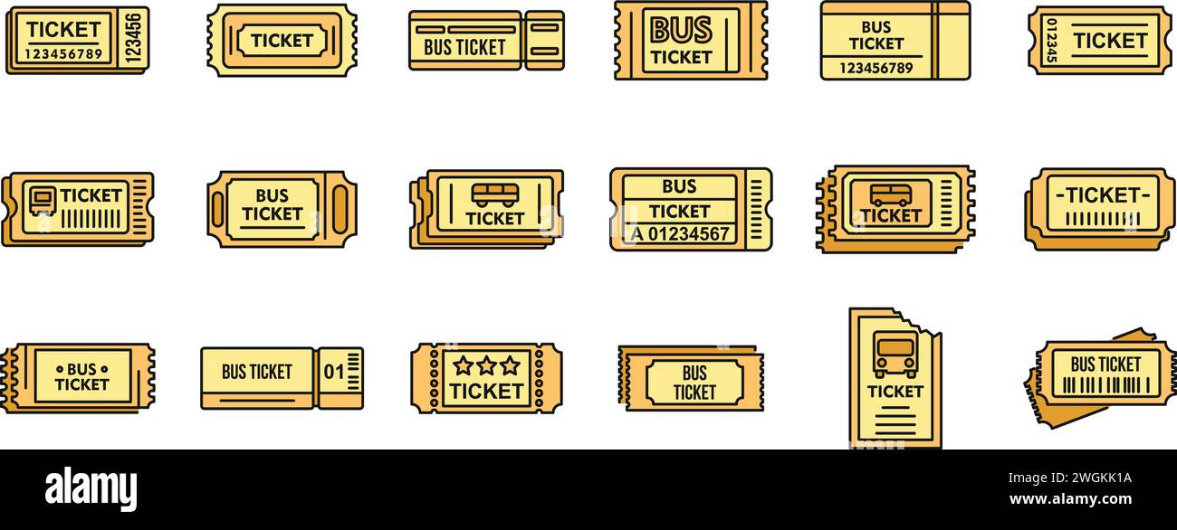 Bus ticketing card icons set. Outline set of bus ticketing card vector icons thin line color flat on white Stock Vector