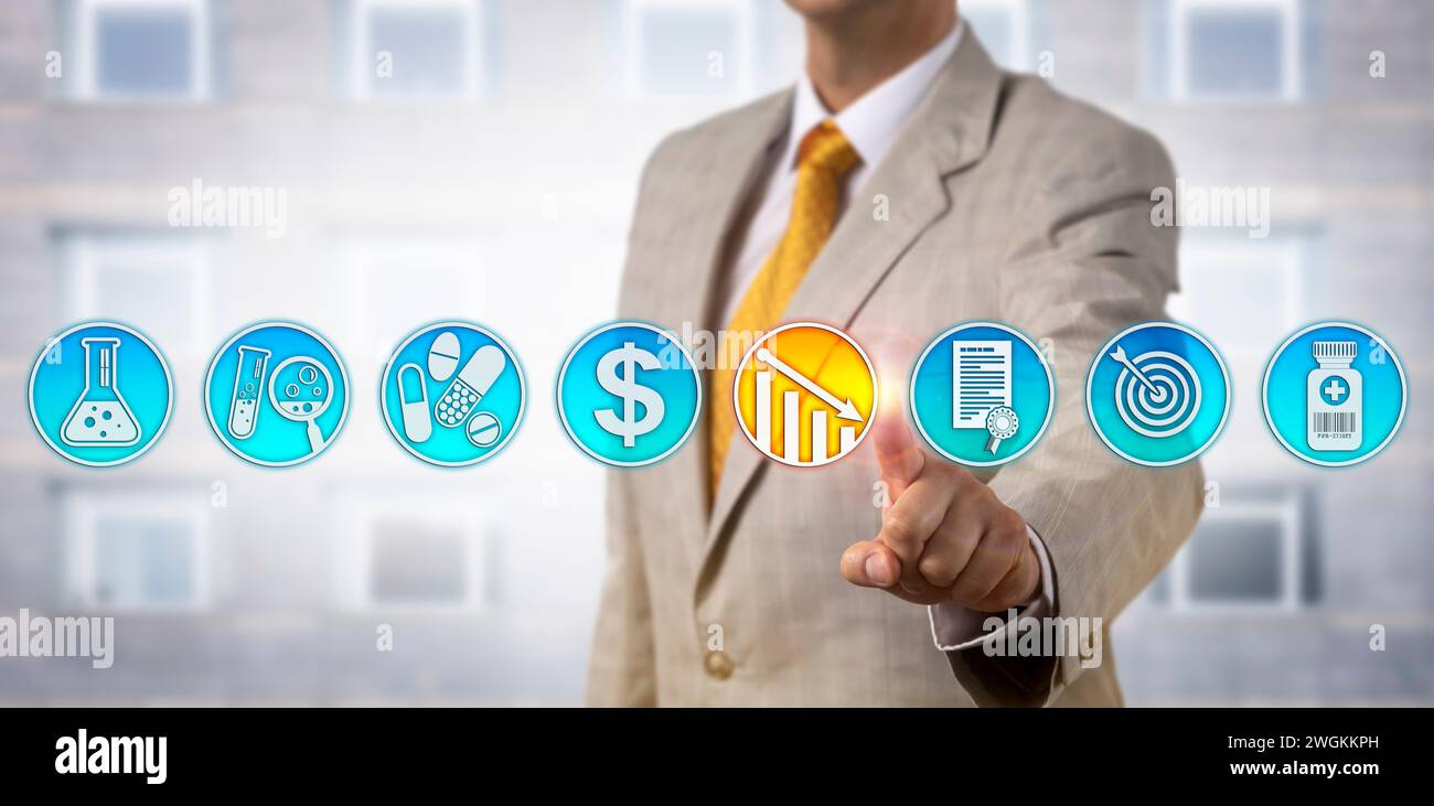 Unrecognizable male pharmaceutical business manager is lowering drug price via touch screen interface. Pharma industry marketing concept for competiti Stock Photo