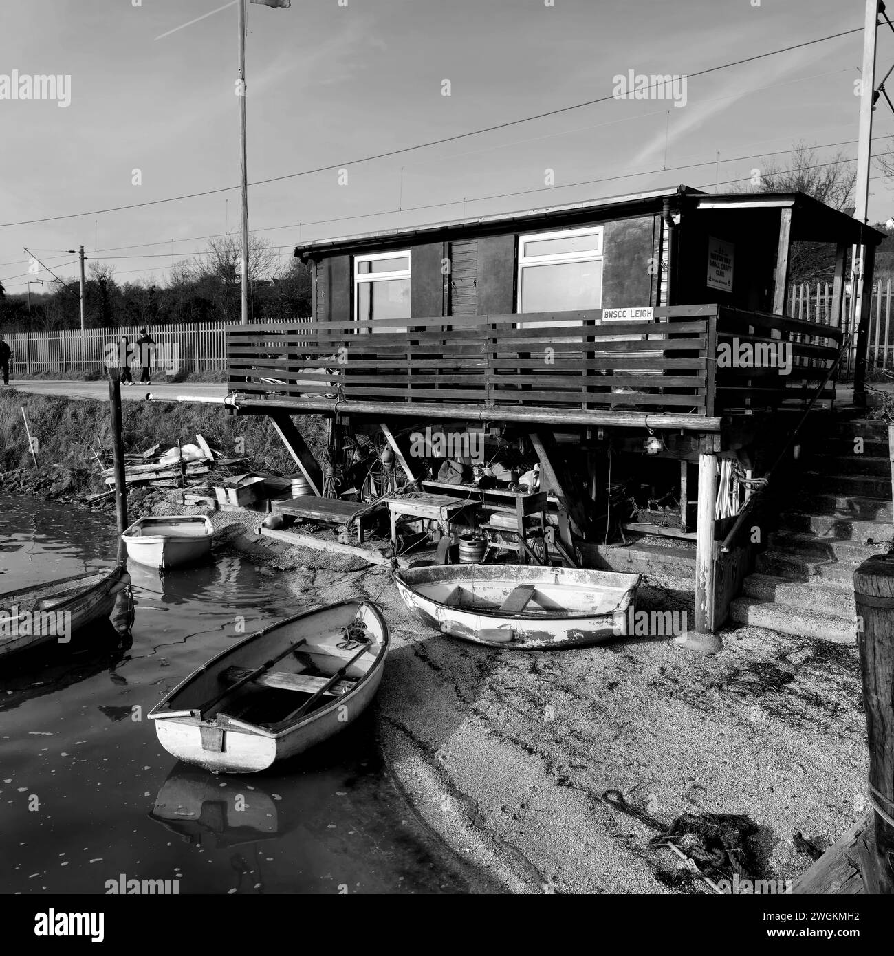 Boat clubhouse and boats in Leigh-on-Sea, Essex Stock Photo