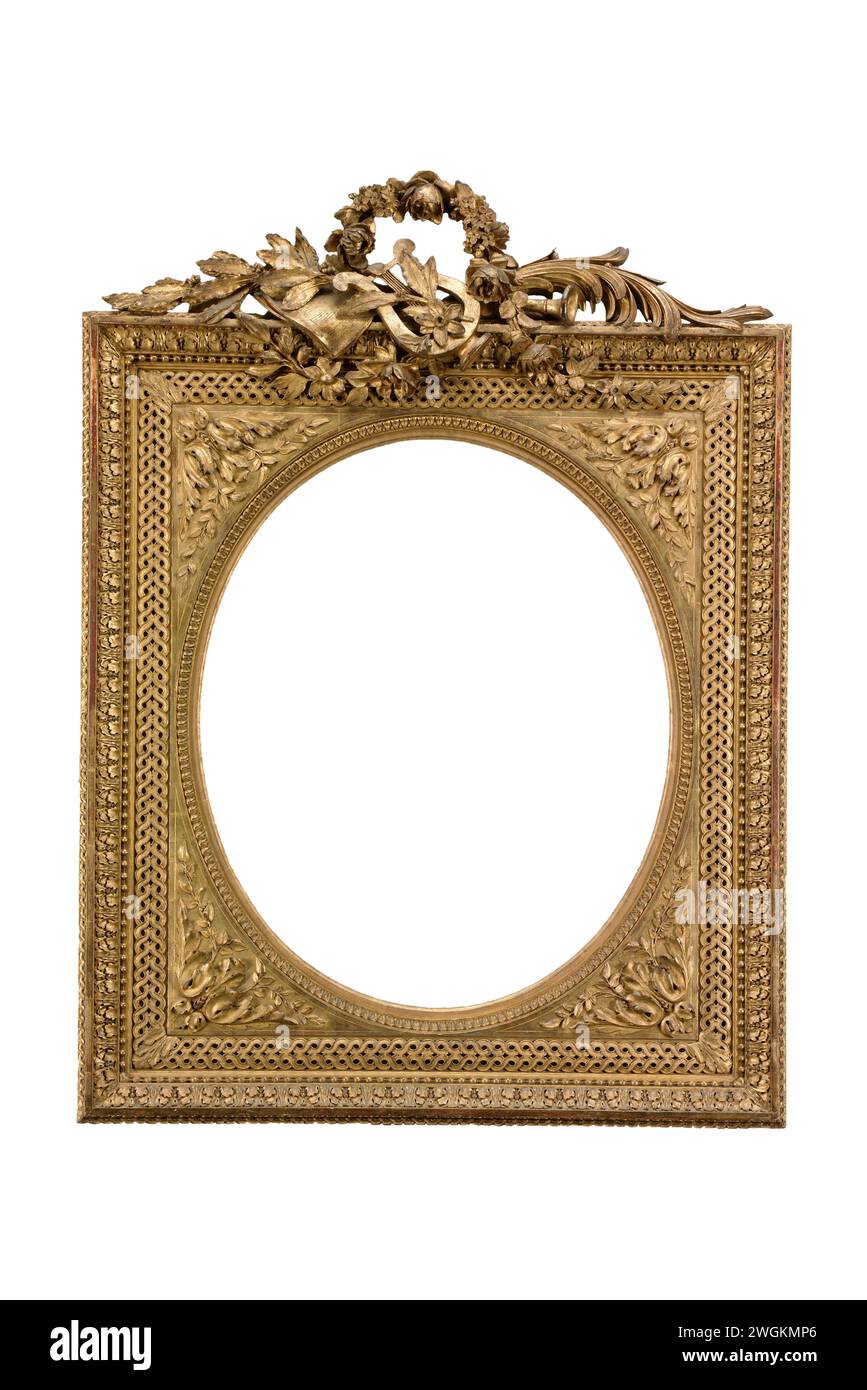 Gallery frame golden detail antique decorative baroque musical theme template isolated white background Stock Photo