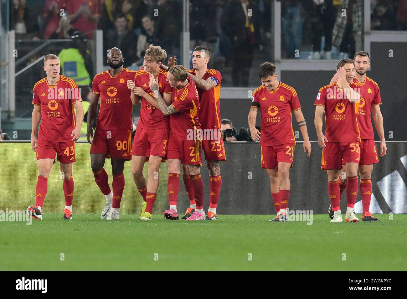 5th February 2024 Stadio Olimpico Rome Italy Serie A Football Roma   5th February 2024 Stadio Olimpico Rome Italy Serie A Football Roma Versus Cagliari Romas Players Celebrates The Goal For 4 0 From Dean Huijsen In The 59th Minute 2WGKPYC 