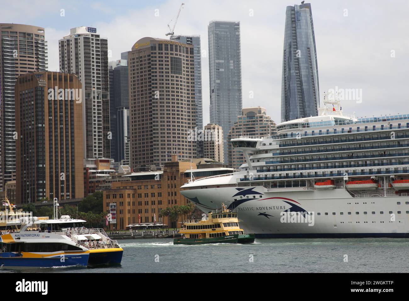 Sydney, Australia. 30th January 2024. Pacific Adventure, a Grand-class cruise ship operated by P&O Cruises Australia moored at the Overseas Passenger Stock Photo
