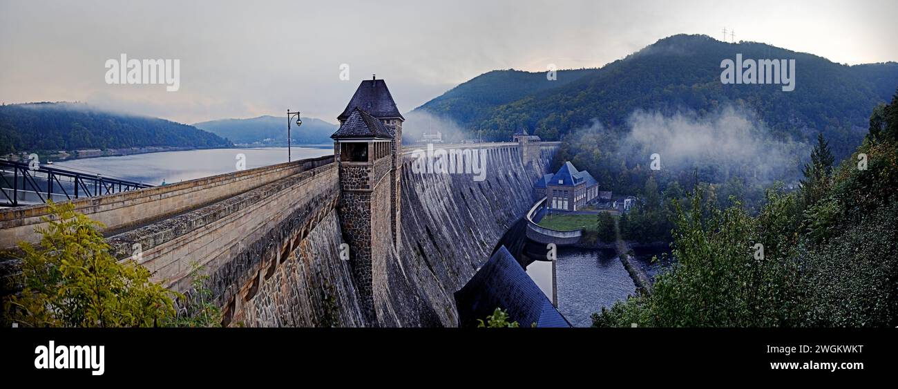 lake Edersee, dam wall in the early morning, Germany, Hesse, Kellerwald ...