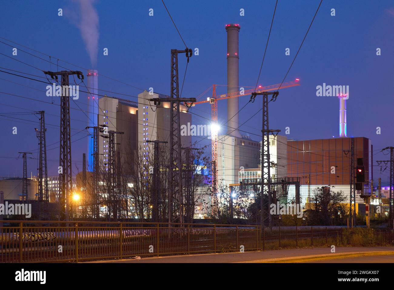 combined heat and power station Mainover in the evening, Germany, Hesse, Frankfurt am Main Stock Photo