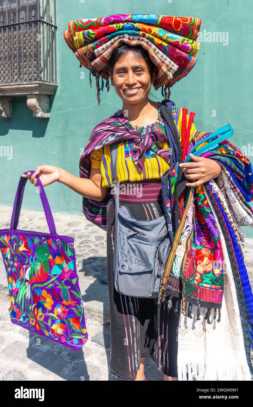 Woman selling handicrafts, Antigua, Sacatepéquez Department, Republic of Guatemala Stock Photo