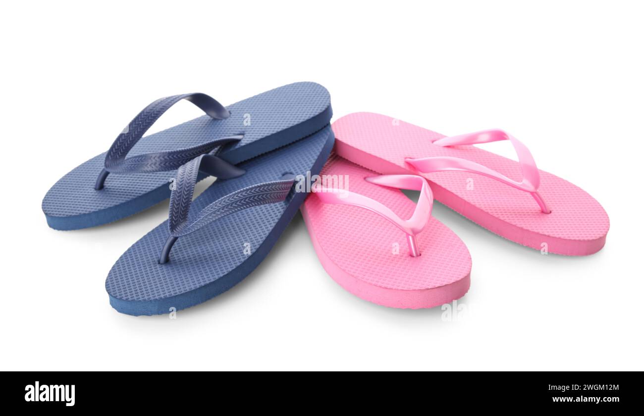 Colorful pairs of female flip flops on white background Stock Photo - Alamy