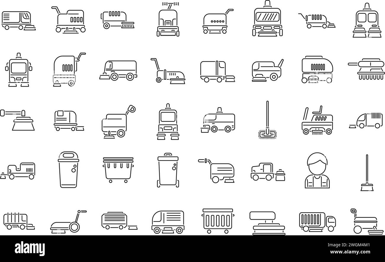 Sweeper icons set outline vector. Street truck machine. Broom clean