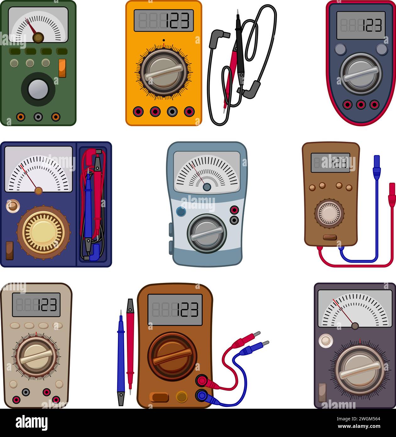 Multimeter icons set cartoon vector. Digital voltmeter. Electric test meter Stock Vector