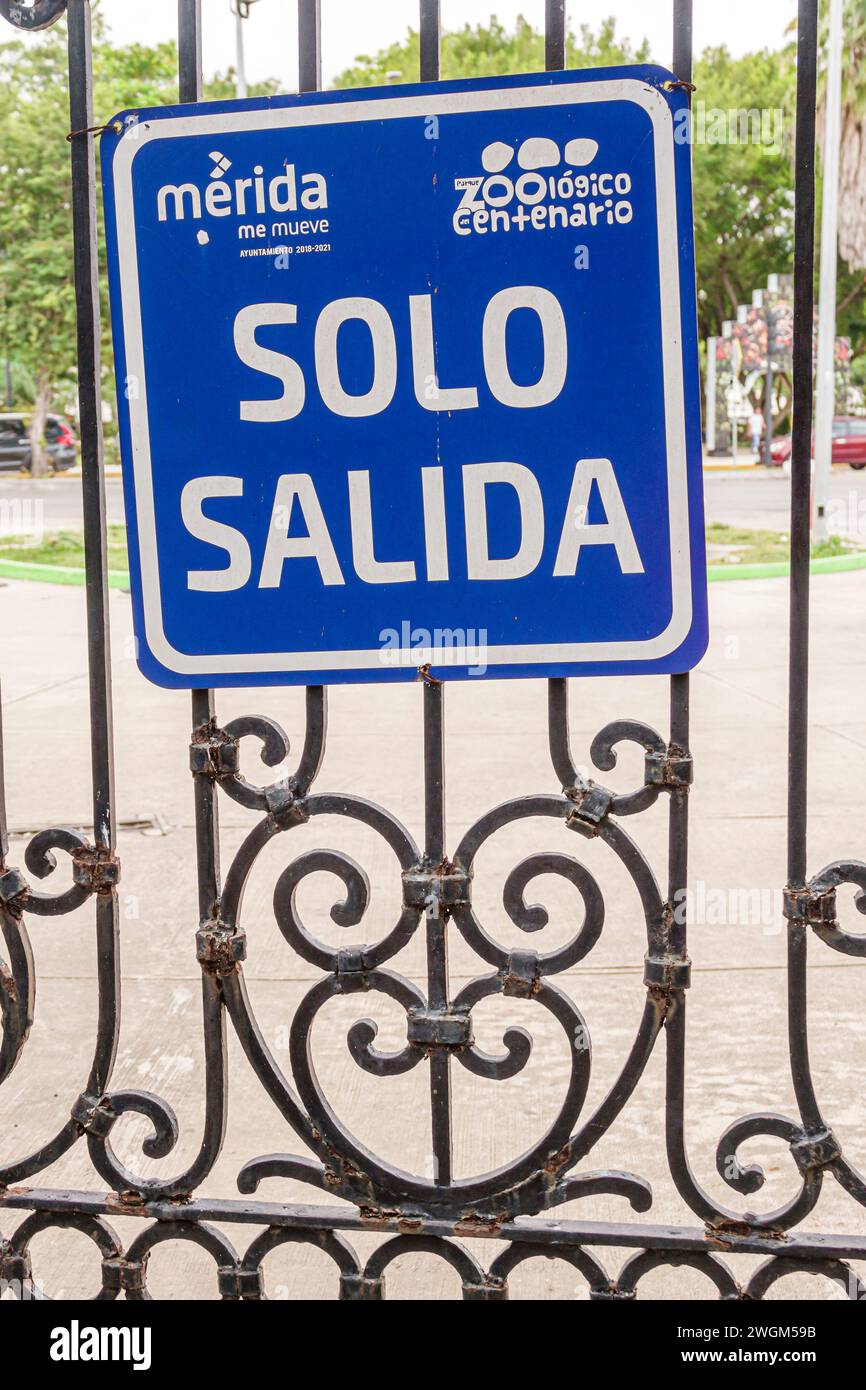 Merida Mexico,Parque Zoologico del Centenario centennial public park,sign ornamental wrought iron gate,exit only notice,Mexican Hispanic Latin Latino, Stock Photo
